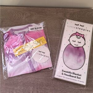 Little Sleepies Pink and Purple Zippered Onesie & swaddle and headband set
